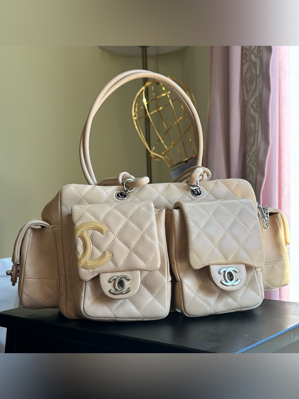 Chanel Calfskin Quilted Cambon Multipocket Reporter Beige Leather Tote Bag